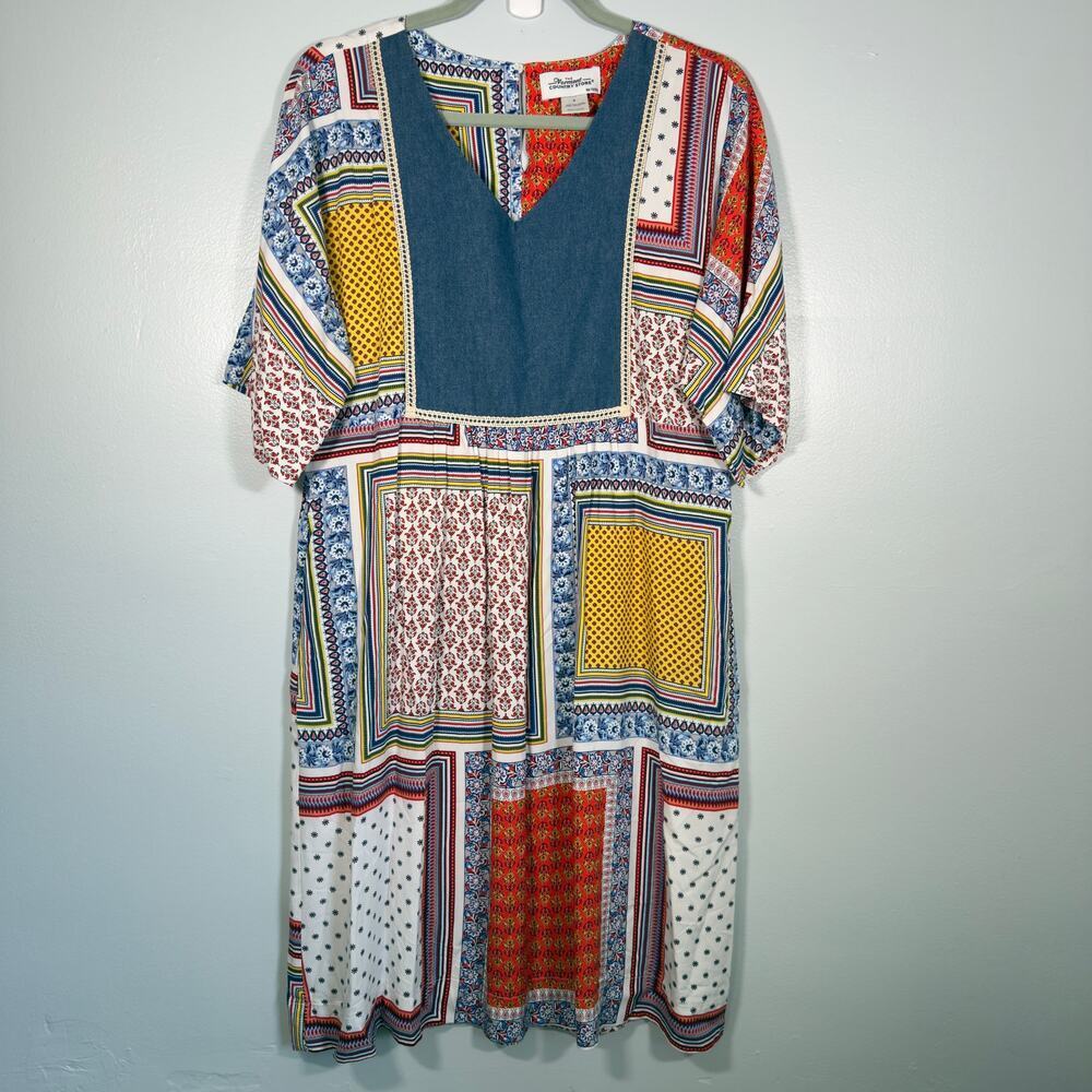 Patchwork Scarf Print Denim Midi Dress S Vermont Country Store Eclectic Boho